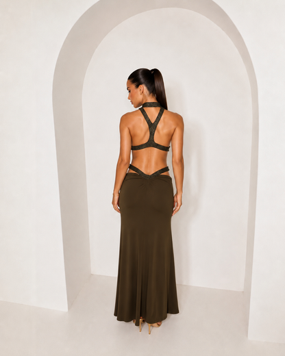 Desire Halter Backless Cut-Out Maxi Dress - Olive